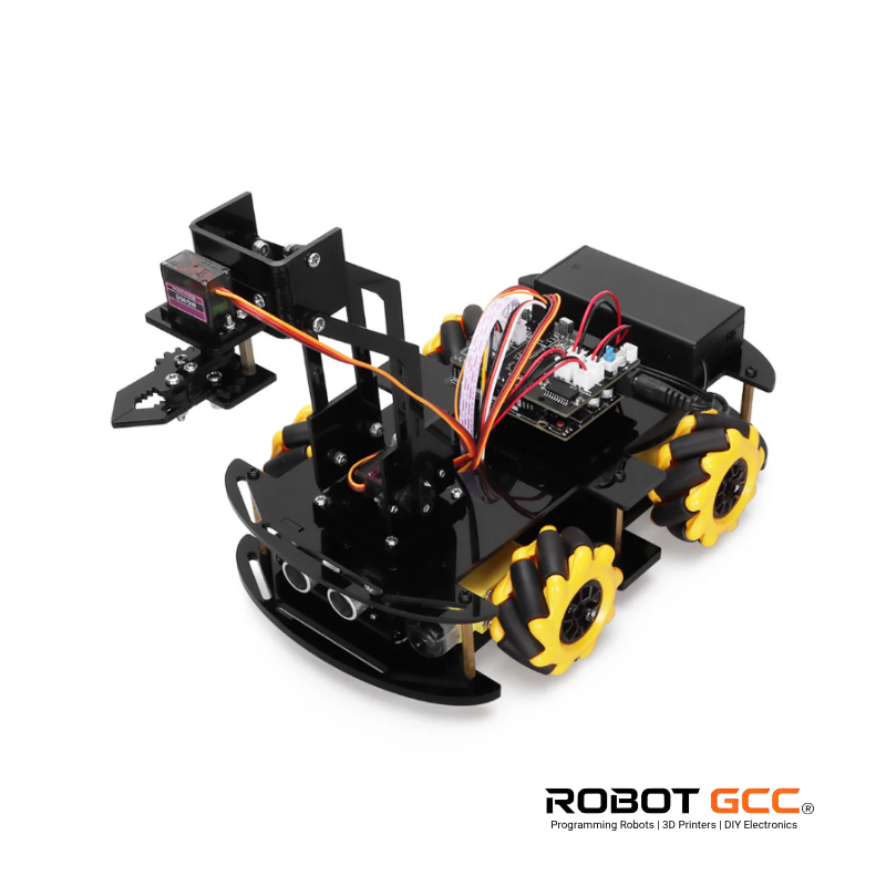 Black and yellow robot chassis with visible wiring on a white background, featuring the Robot GCC logo.