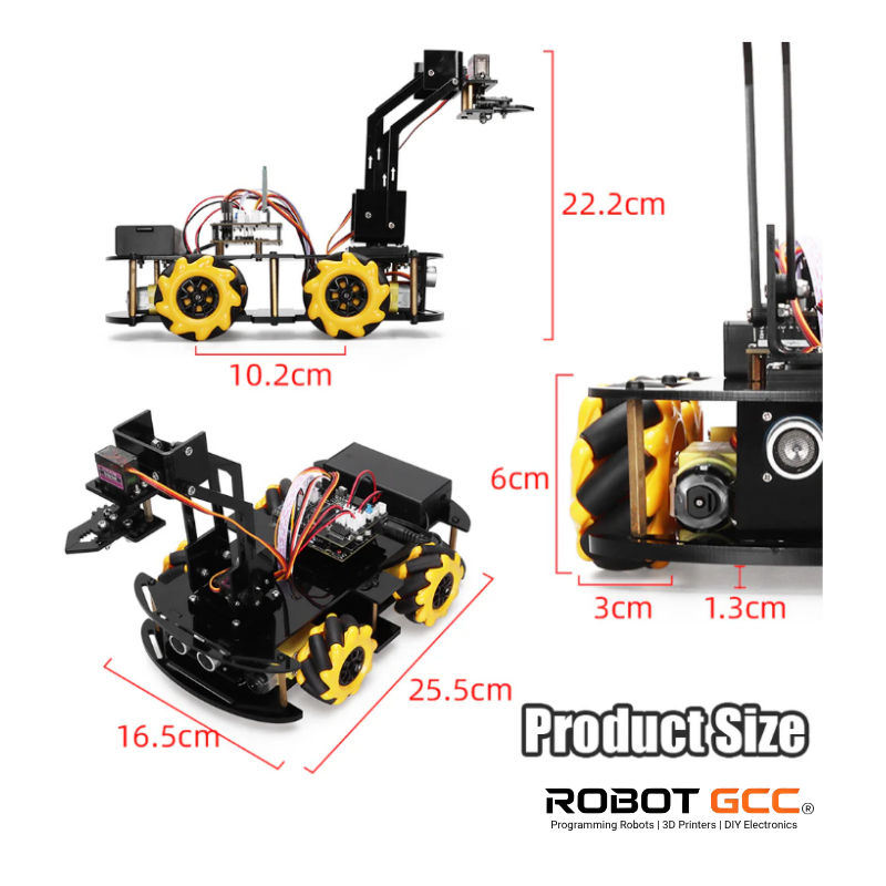 Robotic arm and chassis with dimensions labeled, featuring the Robot GCC logo.