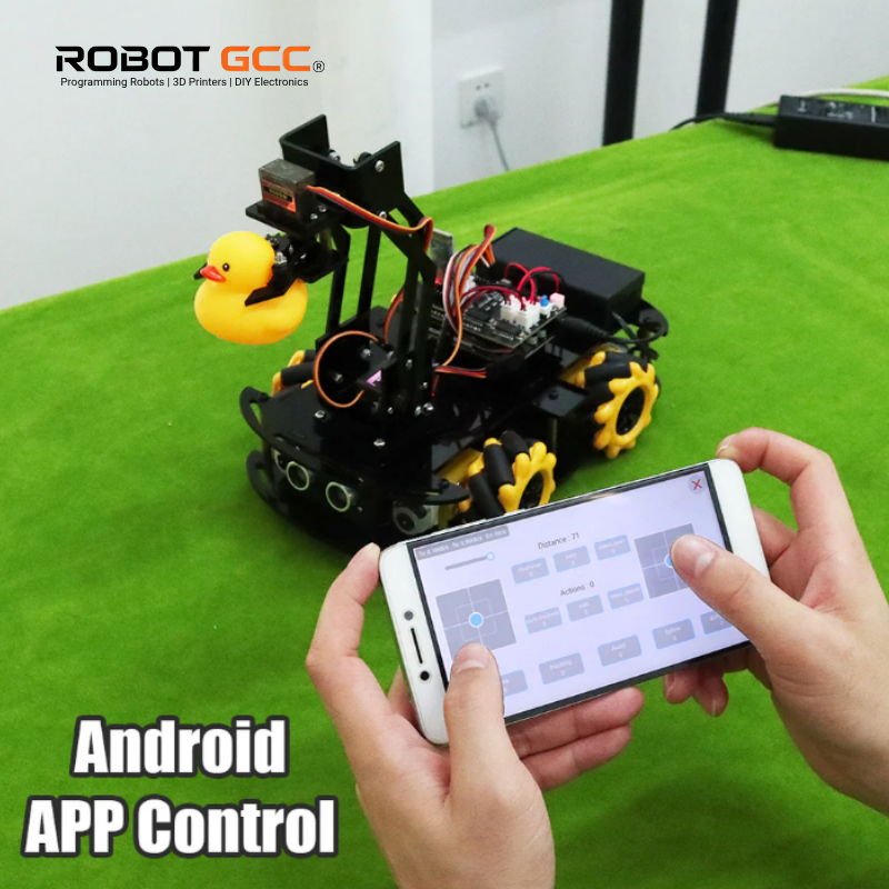 Robot controlled by smartphone app on a green surface with 'ROBOT GCC' branding.