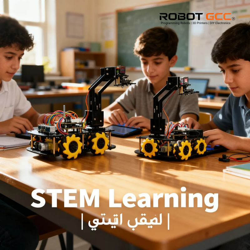 Children working on robotics projects with 'ROBOT GCC' branding in a classroom setting.