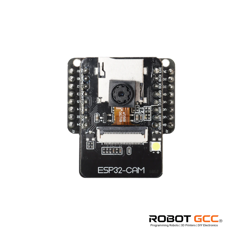 ESP32-CAM microcontroller board with camera module on a white background, branded 'Robot GCC'.