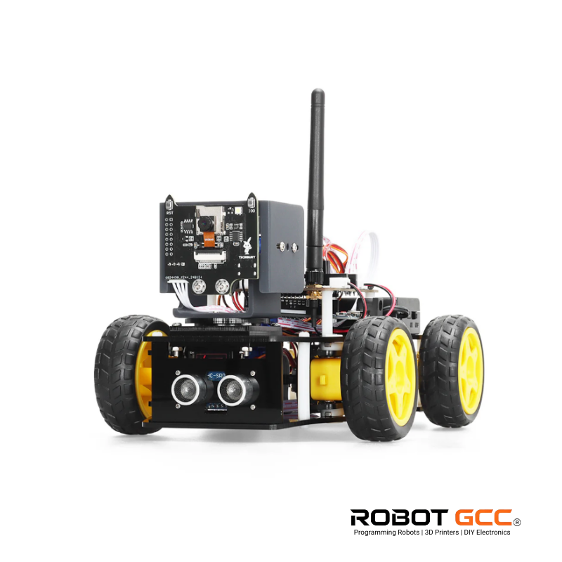 Robotics kit with visible components on a white background, featuring the ROBOT GCC logo.