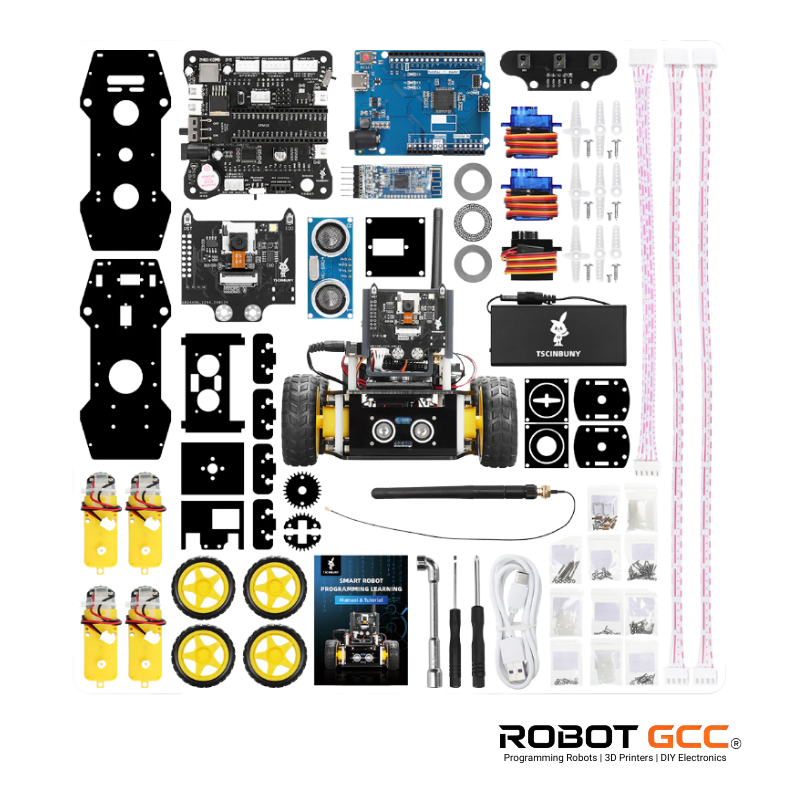 Robotic kit with various components on a white background, featuring the ROBOT GCC logo.