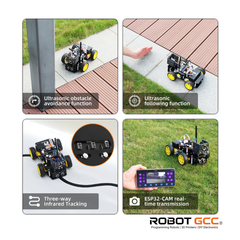 Collage of a robot with various functions including ultrasonic obstacle avoidance, following, infrared tracking, and ESP32-CAM real-time transmission, with ROBOT GCC branding.