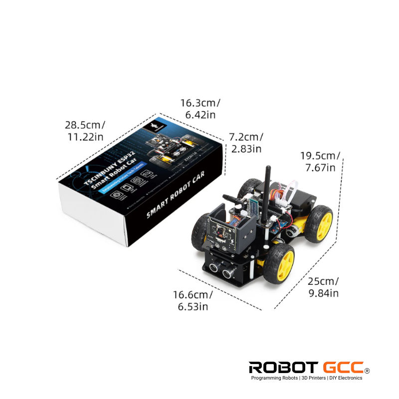 Smart robot car with dimensions and packaging on a white background
