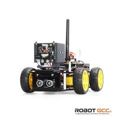 Robotics kit with visible components on a white background, featuring the ROBOT GCC logo.