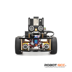 Robot chassis with electronic components on a white background, featuring the brand 'Robot GCC'.