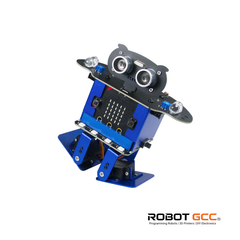 Blue robot model with visible branding on a white background