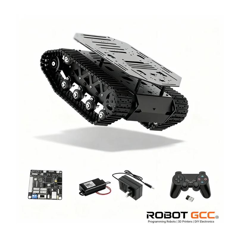 Robot chassis with accessories on a white background, featuring the brand 'Robot GCC'.