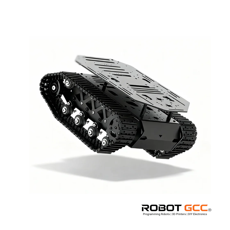 Robot chassis with tracks on a white background, featuring the Robot GCC logo.