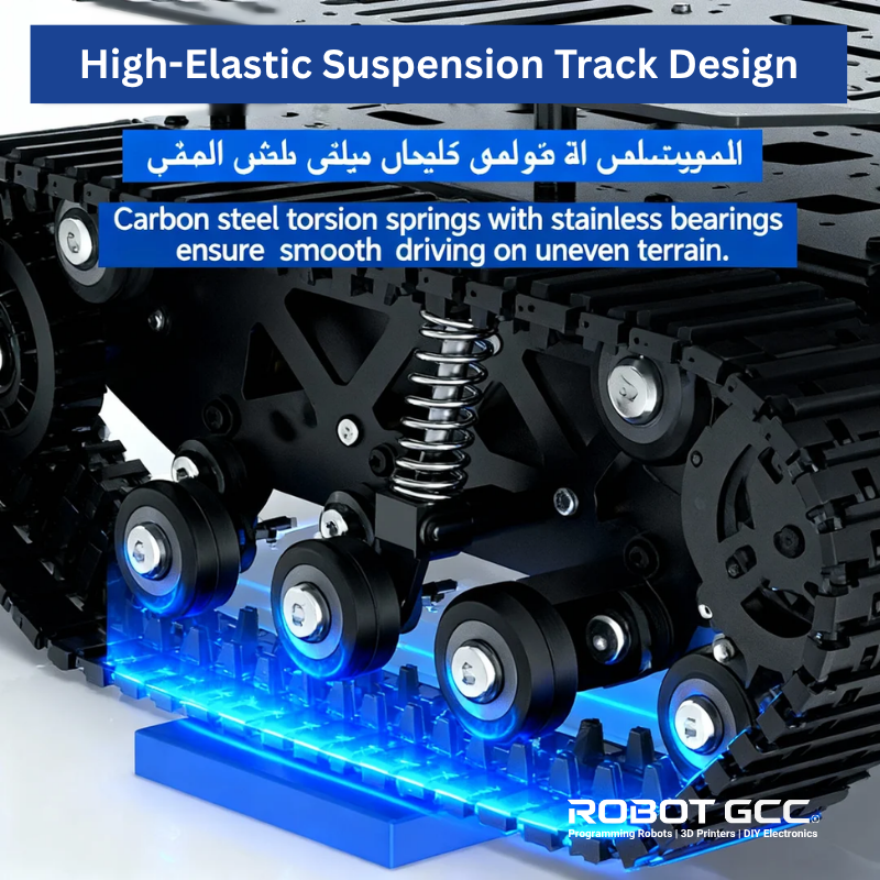 High-elastic suspension track design with carbon steel torsion springs and stainless bearings, featuring ROBOT GCC branding.