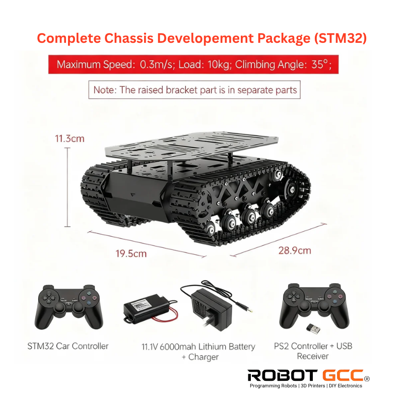 Robot chassis development package with controller, battery, and accessories on a white background