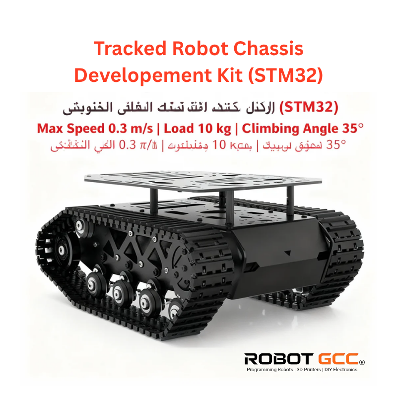 Tracked robot chassis development kit with specifications on a white background