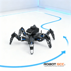 Robotic spider-like device on a white background with blue lines indicating movement轨迹