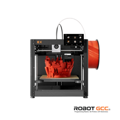 3D printer with a red object in progress, featuring the Robot GCC logo.