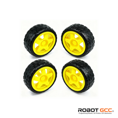 Four yellow wheels with black treads on a white background, featuring the ROBOT GCC logo.
