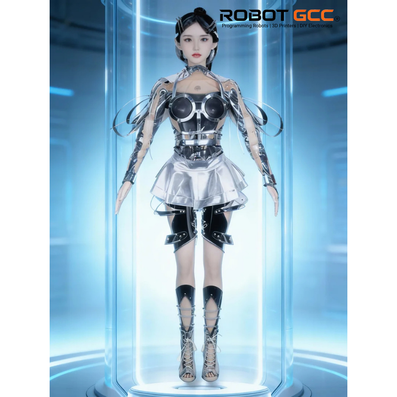 Robotic doll in a transparent display case with 'ROBOT GCC' branding.