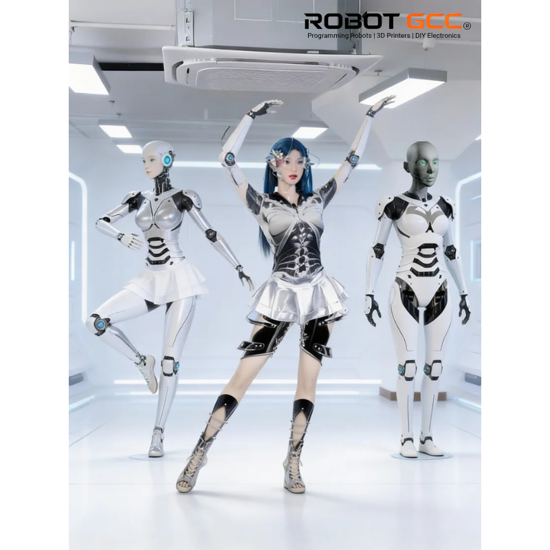 Person in a futuristic outfit with two robots in a high-tech setting, featuring the ROBOT GCC logo.