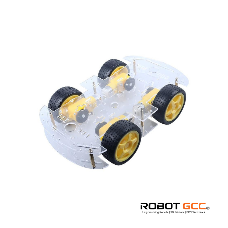 Robot chassis with yellow wheels on a white background, featuring the Robot GCC logo.