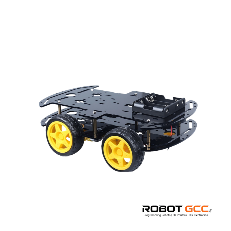 Robot chassis with yellow wheels on a white background, featuring the Robot GCC logo.