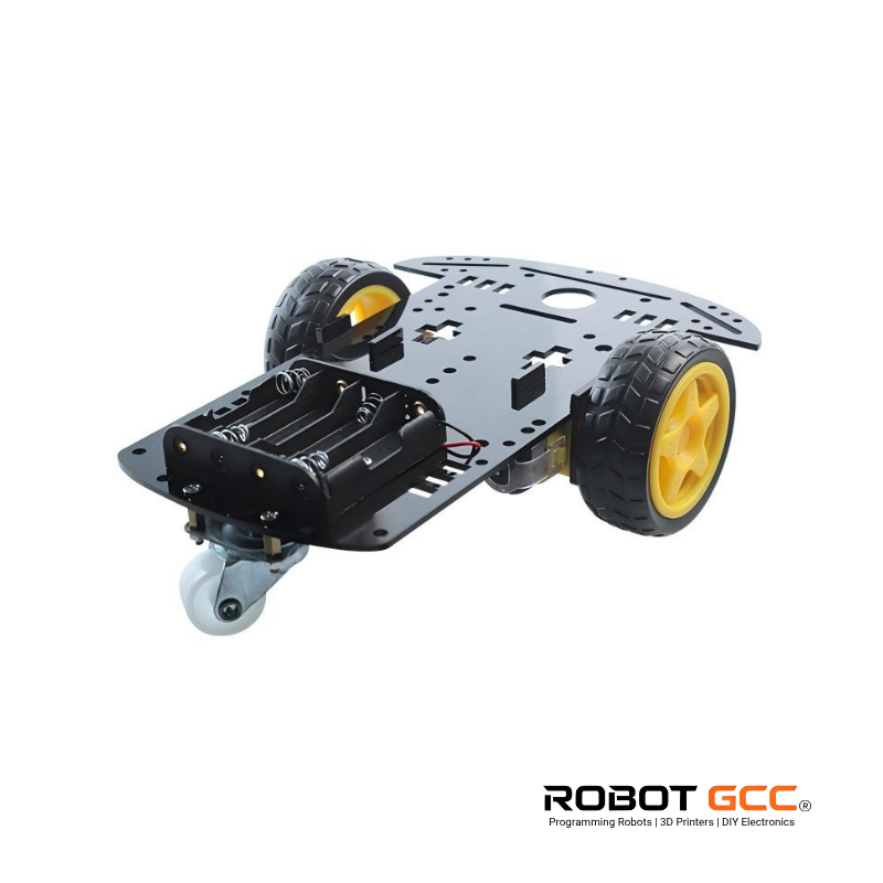 Robot chassis with wheels on a white background, featuring the Robot GCC logo.