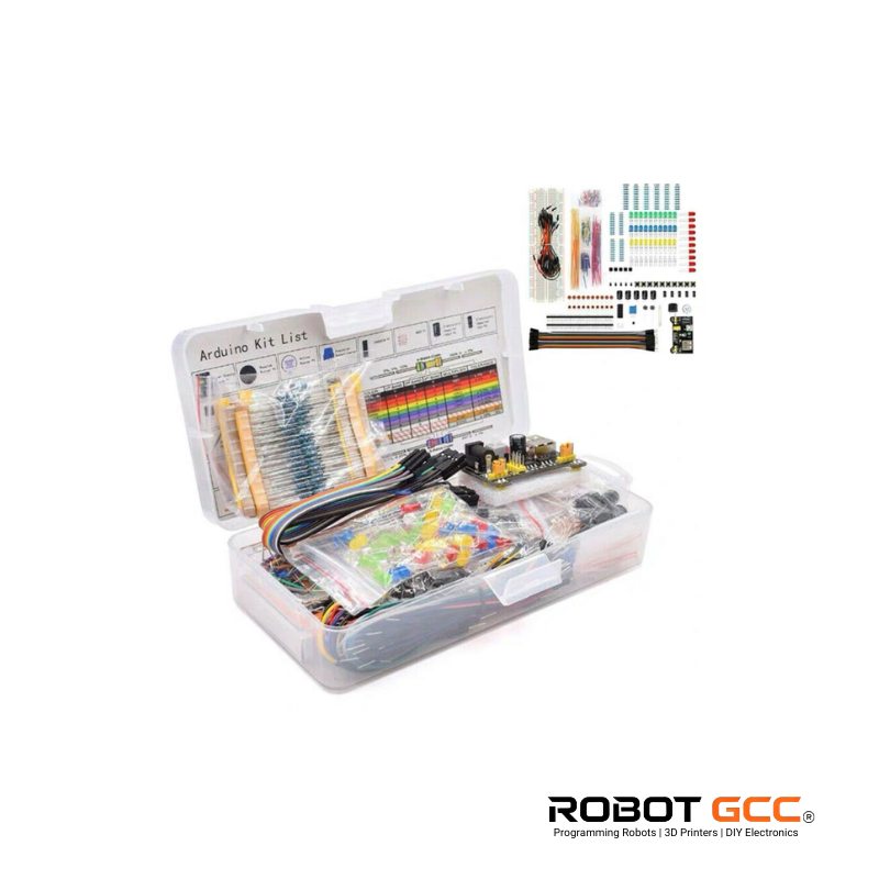 Electronics kit with components and accessories on a white background, featuring the ROBOT GCC logo.