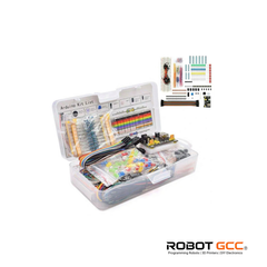 Electronics kit with components and accessories on a white background, featuring the ROBOT GCC logo.