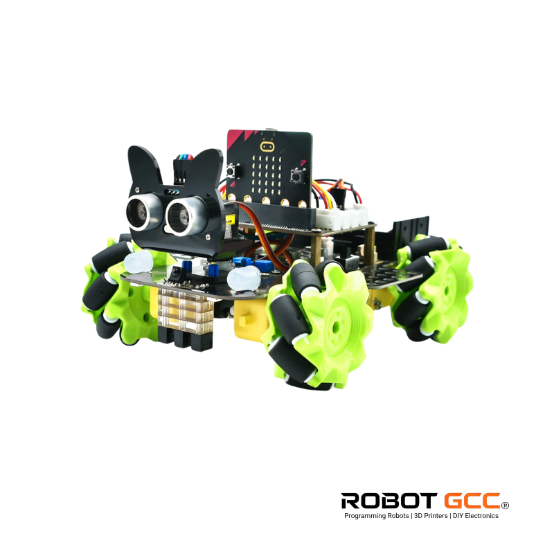 Robotic kit with green wheels and electronic components on a white background, featuring the Robot GCC logo.