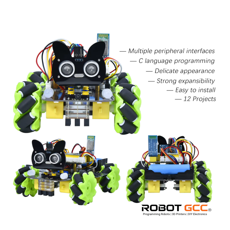 Three robot models with green and black design on a white background, featuring text about robot features.