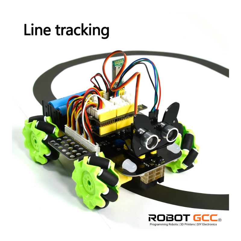 Robotic vehicle with line tracking mechanism on a white background, featuring 'Robot GCC' branding.