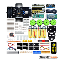 Collection of electronic components and tools on a white background with 'Robot GCC' branding.