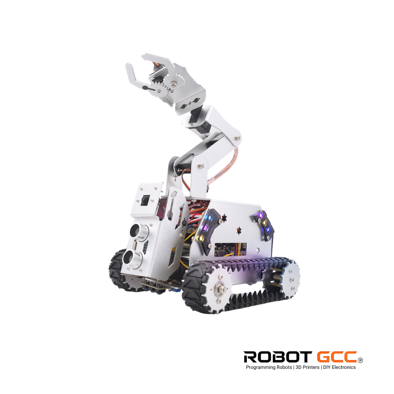 Robotic device with a arm and wheels on a white background, featuring the Robot GCC logo.