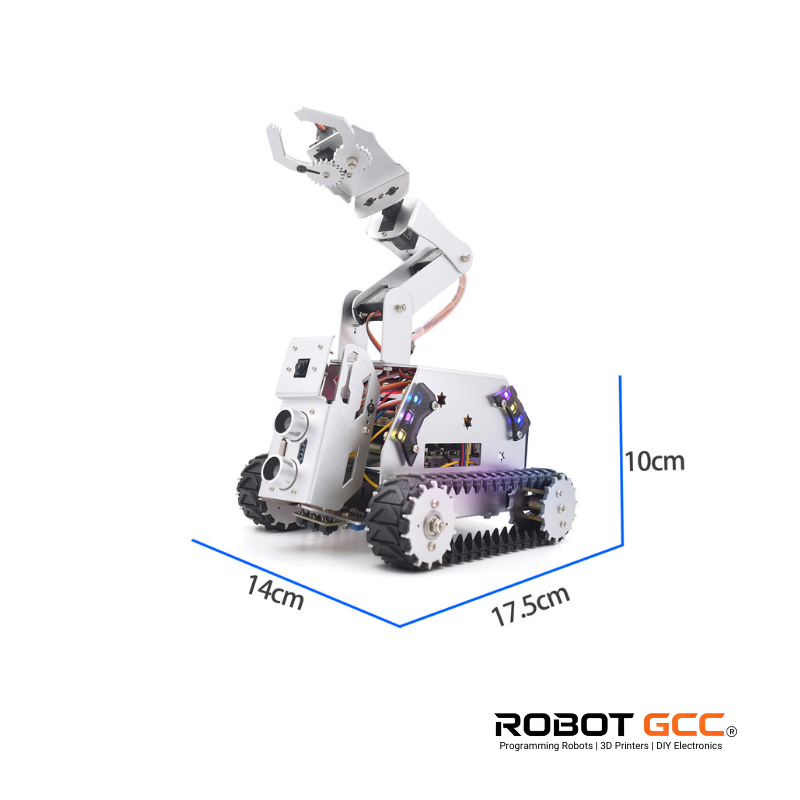 Robotic chassis with arm and tracks, labeled dimensions, and ROBOT GCC branding.