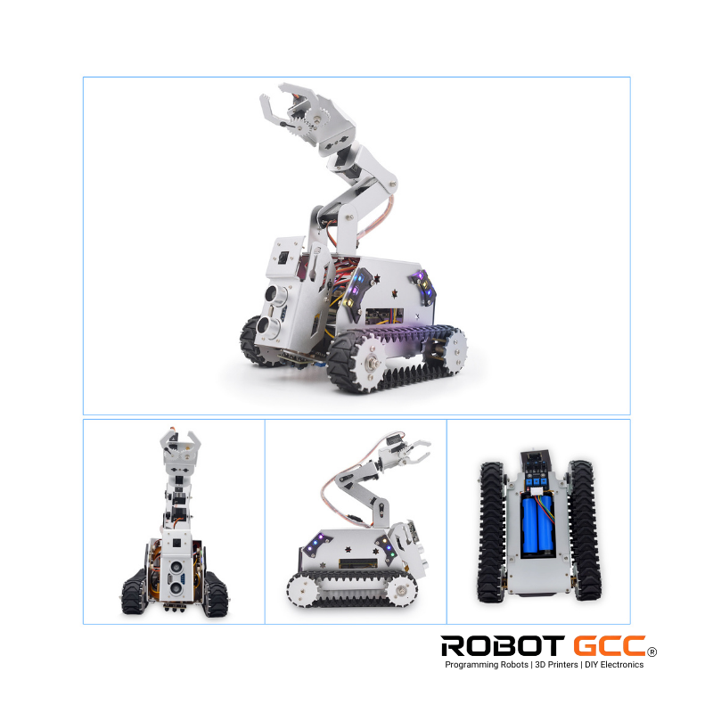 Robotic device with arm and wheels on a white background, featuring the Robot GCC logo.