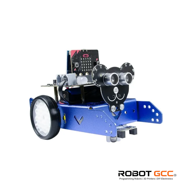 Robotic chassis with wheels and electronic components on a white background, featuring the Robot GCC logo.