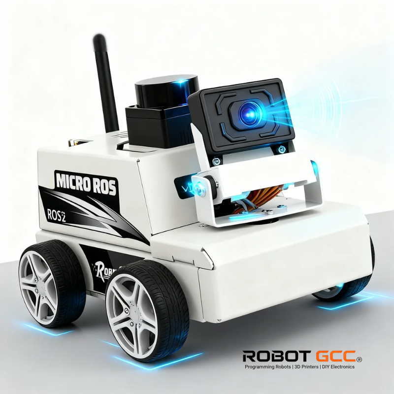 White robot with camera and wheels on a light gray background