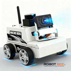 White robot with camera and wheels on a light gray background