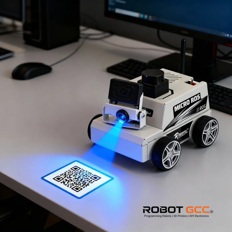 Robotic device scanning a QR code on a desk with computer equipment in the background