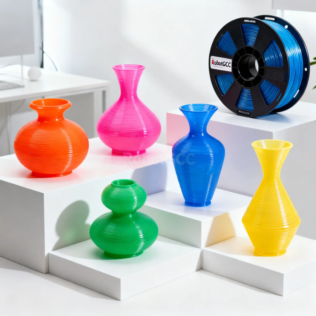 Colorful 3D-printed vases on a white surface with a spool of blue filament in the background.