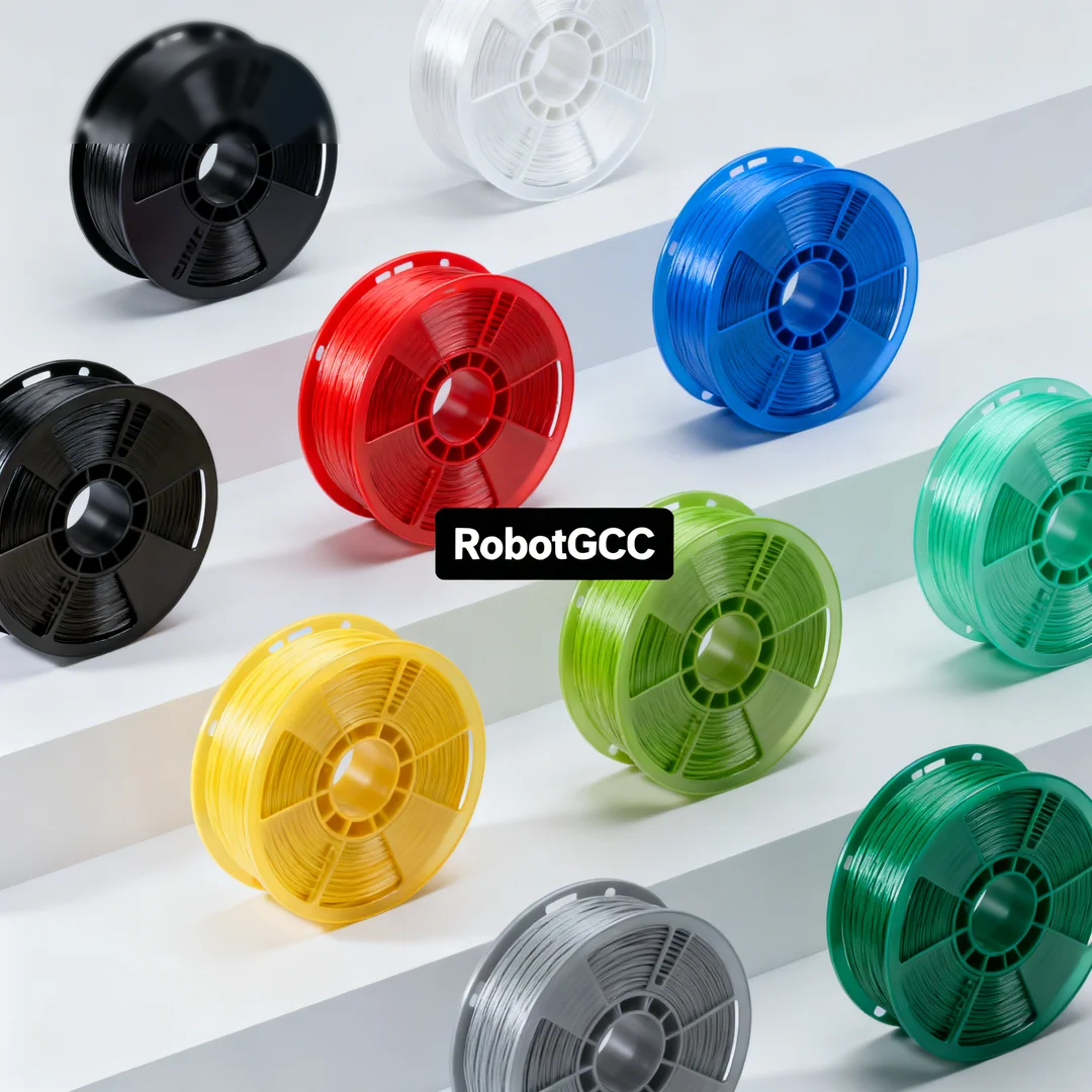 Colorful spools of filament with 'RobotGCC' branding on a white background