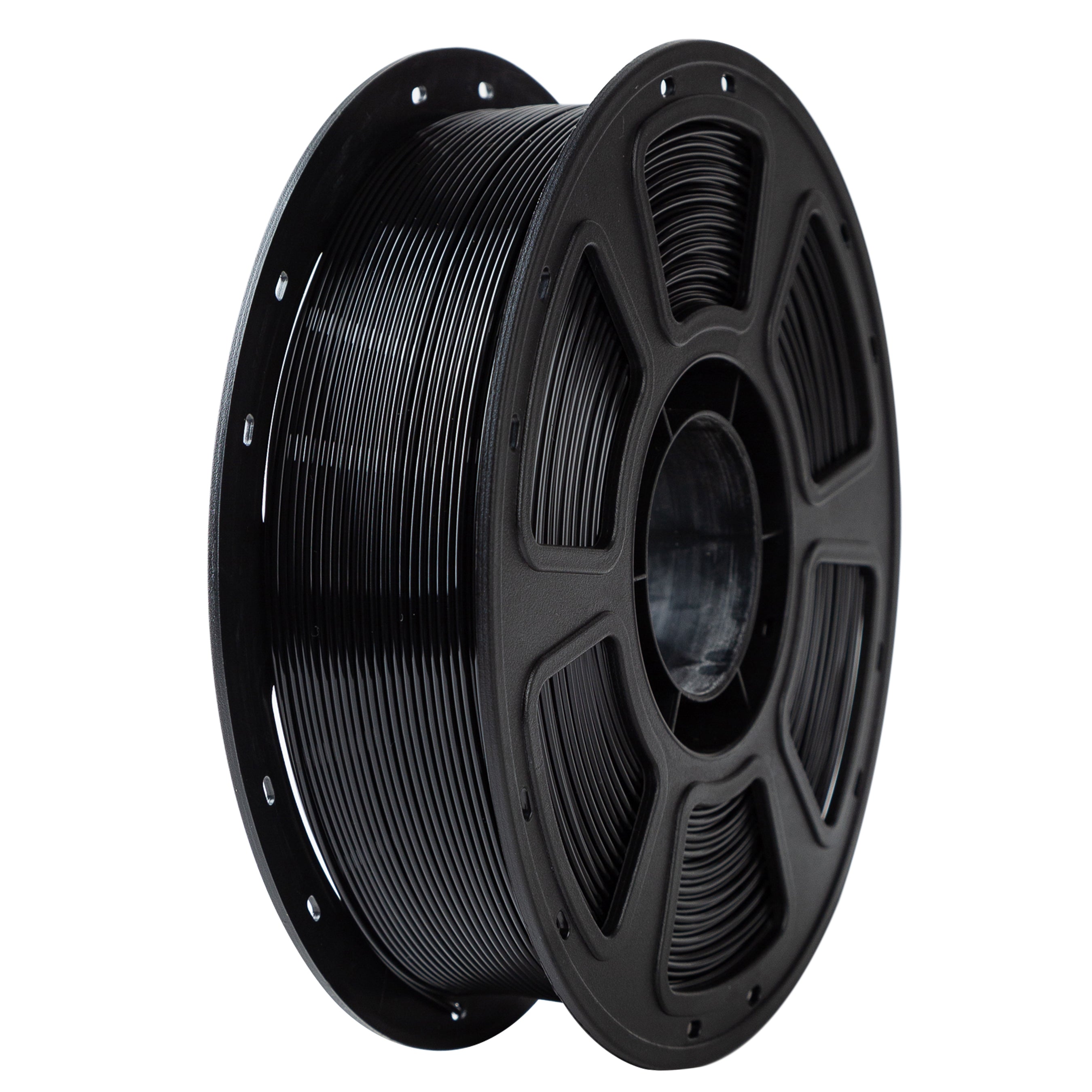 Spool of black filament on a white background