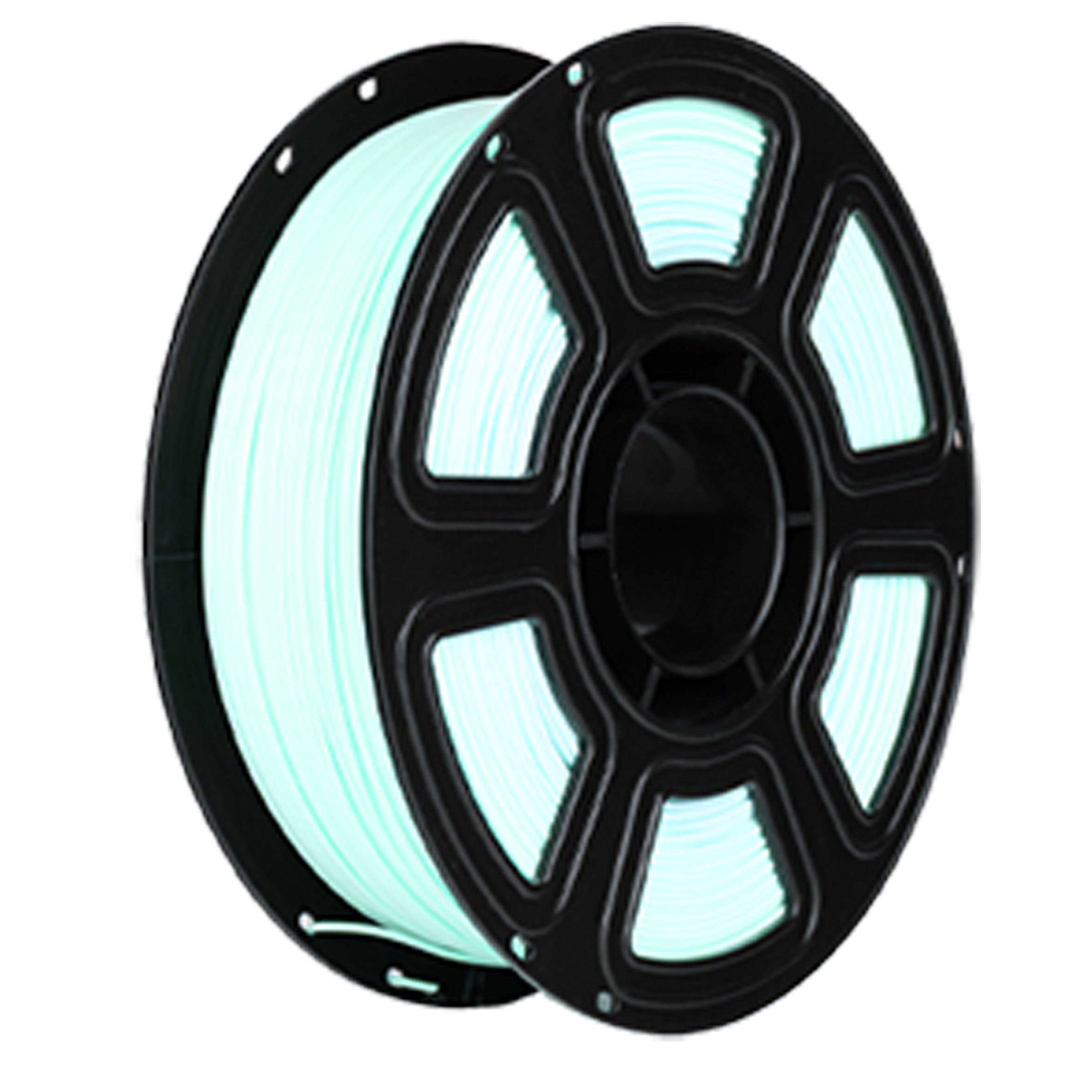 Spool of filament with a black and clear design on a white background