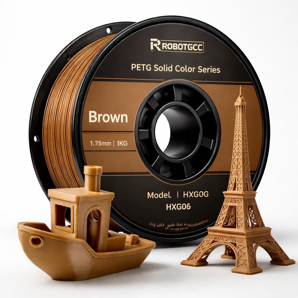 Spool of brown 3D printing filament with models made from it on a white background