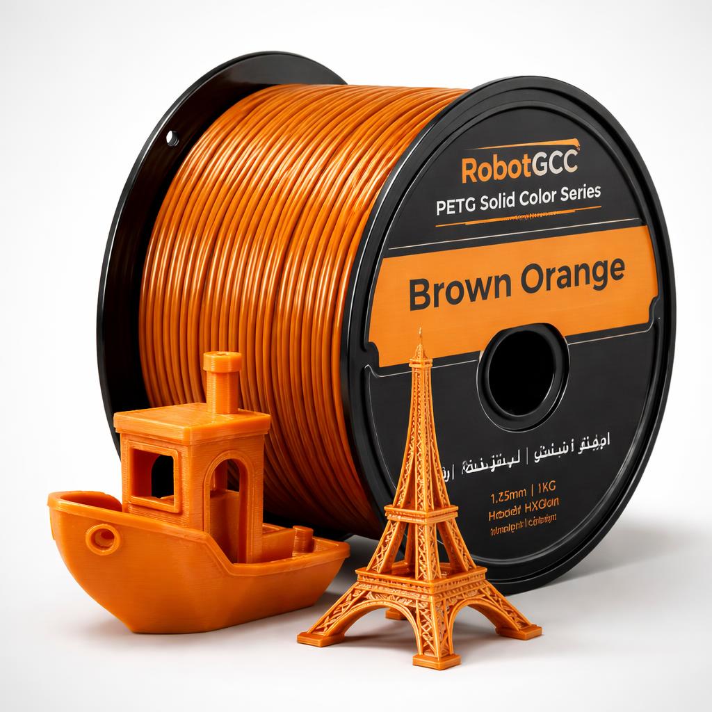 Spool of Brown Orange 3D printing filament with small models of a boat and Eiffel Tower.