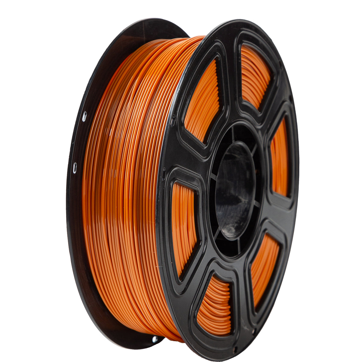 Spool of orange filament on a black spool