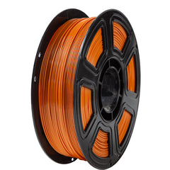 Spool of orange filament on a black spool
