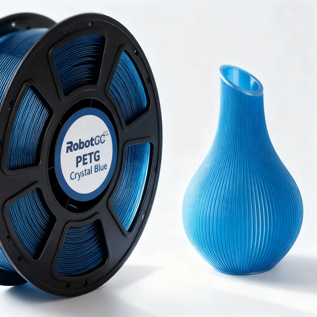 Blue 3D printing filament spool and a blue 3D printed vase on a white background