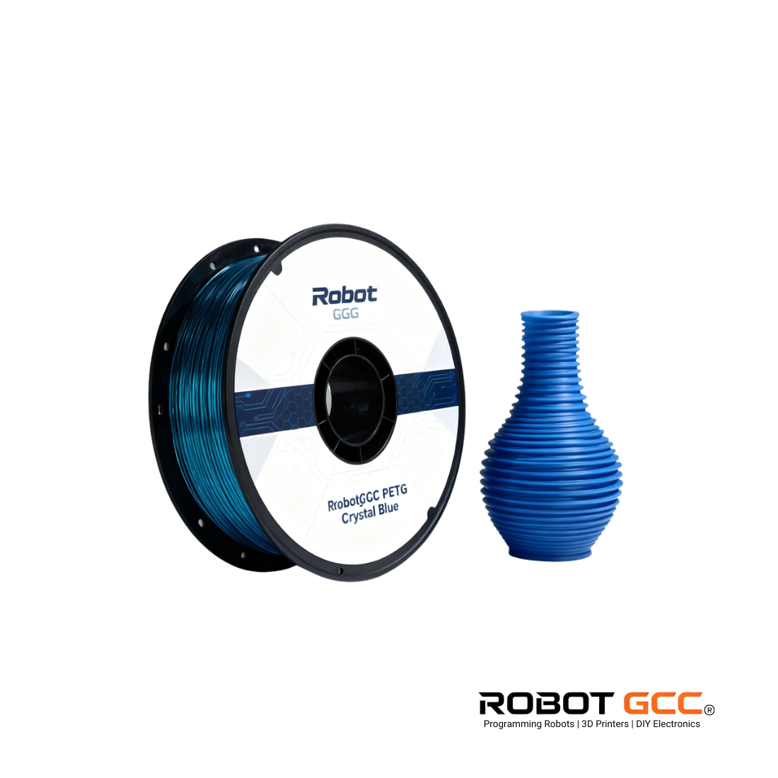 Spool of blue 3D printing filament and a printed blue object on a white background with Robot GCC branding.