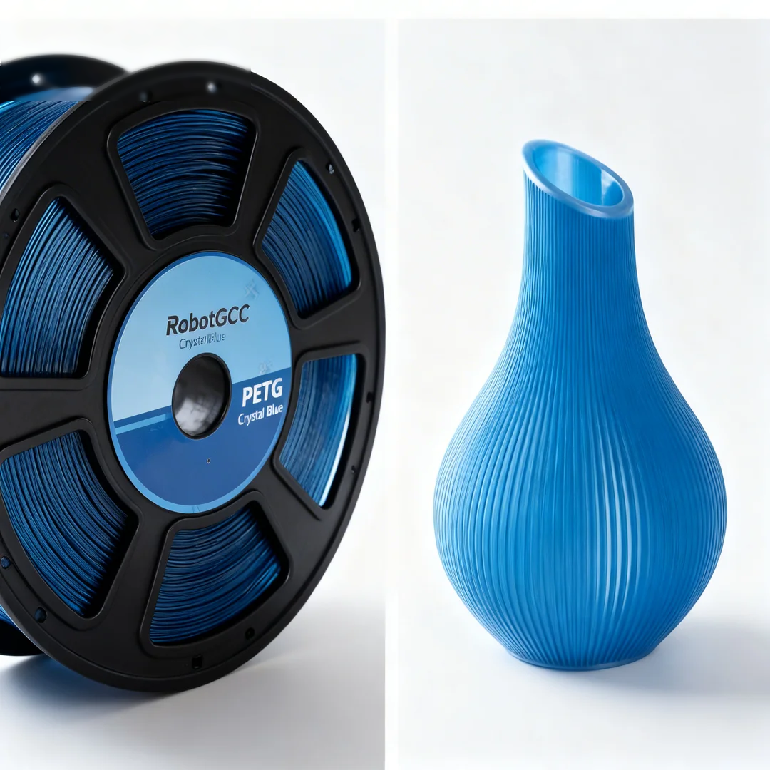 Blue 3D printing filament spool and a blue 3D printed vase on a white background