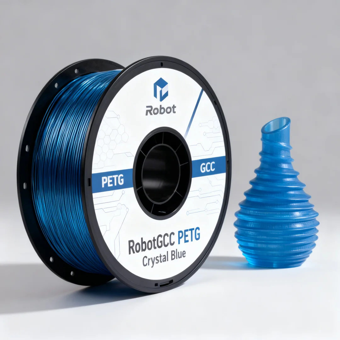 Spool of blue 3D printing filament with a printed blue object on a gray background